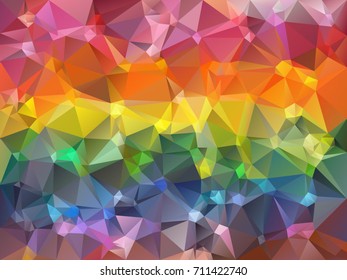 Abstract low polygon shaped background. Triangular design with geometric mosaic for business. Colorful wallpaper with rainbow gradient triangles. Vector illustration.