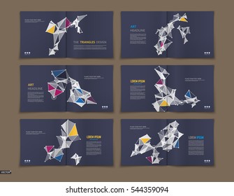 Abstract low polygonal blurb. Space info brochure design. Futuristic banner frame. Modern ad flyer text font. Black title sheet model set. Fancy vector front page art. Patch triangle facet figure icon
