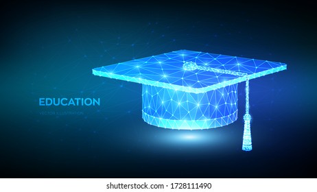 Abstract Low Polygonal Graduation cap. Student hat. E-learning concept. Innovative online education. Distance graduate certificate program. Academic study, online learning banner. Vector illustration.