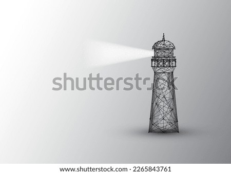 Abstract low polygonal lighting house with light beam made of black lines and dots isolated on white background. Modern wire frame mesh design vector illustration.