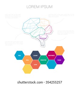 Abstract low polygonal line brain lobes with sample text. Template color segments with sample of words.