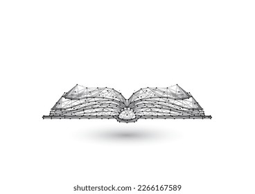 Abstraktes, Low-Poly-Offenes Buch aus schwarzen Linien und Punkten einzeln auf weißem Hintergrund. Online-Lernen, Wissenskonzept. Moderne Drahtgitter-Konstruktion, Vektorgrafik.