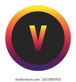 Abstract Lowercase Letter v Displaying a Vibrant Spectrum of Warm to Cool Gradient Colors Encased in a Smooth Dark Circular Frame