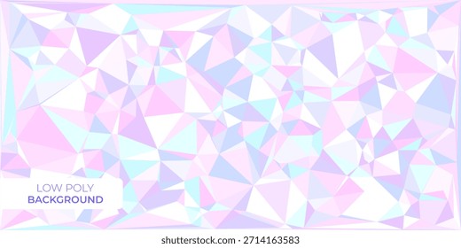 El fondo abstracto low-po presenta un fascinante mosaico de suaves triángulos pastel en rosa, azul y blanco, creando una textura visual delicada y etérea.