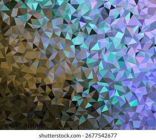 Abstract low-poly background with a vibrant gradient of shimmering blue, purple, and gold triangles creating a mosaic pattern