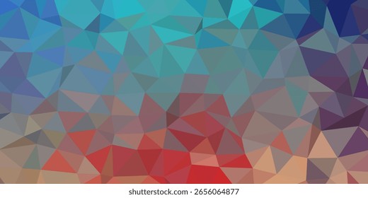 Abstract low-poly design consisting of interconnected geometric triangles in various colors, including shades of blue, red, purple, and beige.