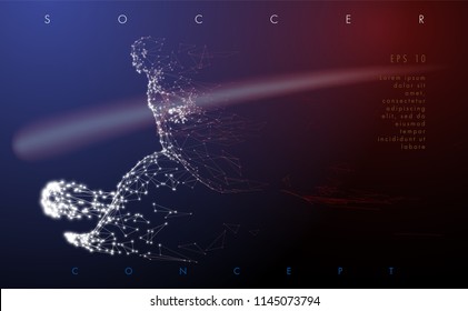 Abstract low-poly football player which consists of line and points, on dark background. Vector illustration. Graphic concept soccer.