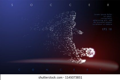 Abstract low-poly football player which consists of line and points, on dark background. Vector illustration. Graphic concept soccer.