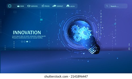 Abstract low-poly light bulb with gears inside. The Internet Technology triangle icon is a concept of a polygonal network. An idea, electricity, innovation, or other conceptual illustration.