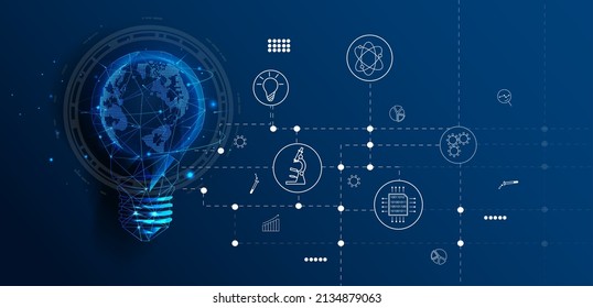 Resumen bombilla de baja densidad con un planeta dentro. El icono del triángulo de la tecnología de Internet es un concepto de red poligonal. Una idea, electricidad, innovación u otra ilustración conceptual.