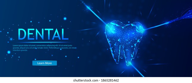 Abstract low-poly shiny bright tooth illustration. Dental care, dental clinic, dental medicine concept Medical healthy human tooth 3d. The model of medicine is low-poly. Dentist white toothpaste.