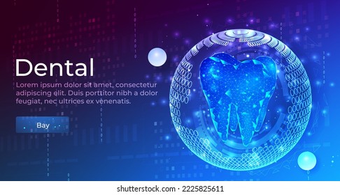 Abstract low-poly shiny bright tooth illustration. Dental care, dental clinic, dental medicine concept Medical healthy human tooth 3d. The model of medicine is low-poly. Dentist white toothpaste.