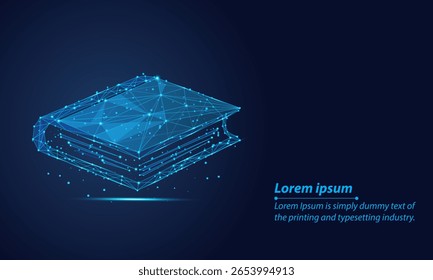 Abstractas Low-poly wireframe brillante libro digital en línea. Imagen poligonal de un cuaderno sobre un fondo azul oscuro, conocimiento futurista, e-learning y tecnología en la educación.