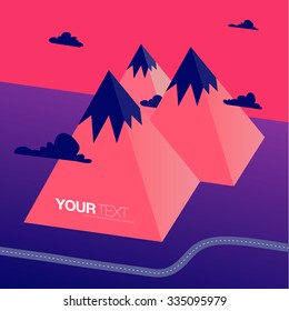 Abstract low-polygon 3D mountains landscape in surreal colors with road and clouds and your text. 
Eps 10 vector illustration 