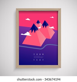 Abstract low-polygon 3D mountains landscape in surreal colors with road and clouds in wooden frame on wall 
Eps 10 stock vector illustration 