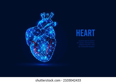 Abstract Low-polygonal Human Heart, Created From Dots, Triangles, Lines. Anatomy, Medicine. Shining Blue Background. Vector Illustration