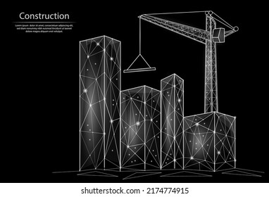 Resumen de imagen poligonal baja de la construcción de edificios, que consiste en puntos, líneas y formas. Vector 3D de baja polilla. Imagen en blanco y negro. Grúa de construcción