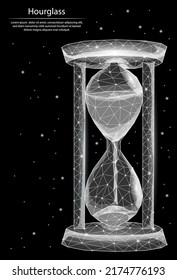 Abstract low-polygonal image of hourglass, consisting of dots, lines and shapes. 3D Low-poly vector. Black and white image. Time