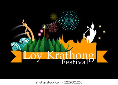 Abstract of Loy Krathong Festival banner design with Typography of "Loy Krathong Festival" for the
Celebration full moon night Culture of Thailand. Vector and illustration, eps 10