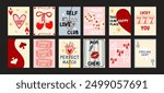 Abstract Lucky girl posters. Trendy bows, girly things, party, hearts, cherries, dice with positive quotes. Cartoon doodle groovy banners for greeting cards and posters