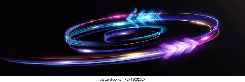 Abstract luminous arrows embedded in circular multicolored light trails, representing speed of light, continuous motion, energy flow and futuristic digital dynamics.