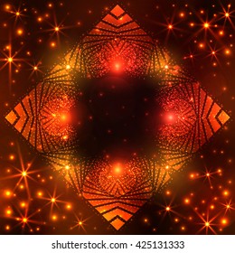 Abstract luminous decorative frame on dark orange and red gradient background with glittering stars and lights