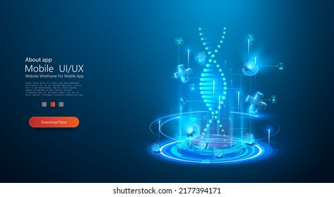 Abstract luminous DNA molecule. Modern treatment future, medicine. Innovative healthcare analysis of chromosomal DNA genetic. Abstract blue technology digital hi tech. Hologram of dna cells.