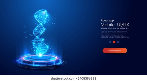 Abstract luminous DNA molecule. Modern treatment future, medicine. Dynamic 3D Rendering of a DNA Strand in Glowing Neon Light with Futuristic Tech Platform. Futuristic podium or hologram. Vector