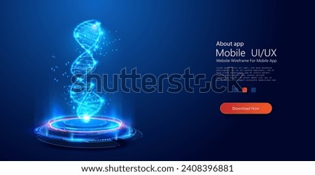 Abstract luminous DNA molecule. Modern treatment future, medicine. Dynamic 3D Rendering of a DNA Strand in Glowing Neon Light with Futuristic Tech Platform. Futuristic podium or hologram. Vector