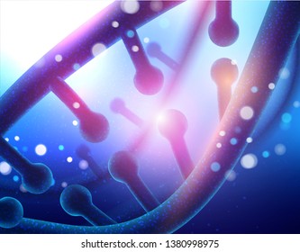 Abstract luminous DNA molecule, neon helix on blue background. Medical science, genetic, biotechnology, chemistry, biology. Vector poster