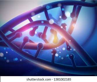 Abstract luminous DNA molecule, neon helix on blue background. Medical science, genetic, biotechnology, chemistry, biology. Vector poster
