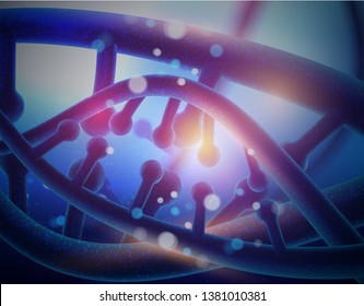 Abstract luminous DNA molecule, neon helix on blue background. Medical science, genetic, biotechnology, chemistry, biology. Vector poster