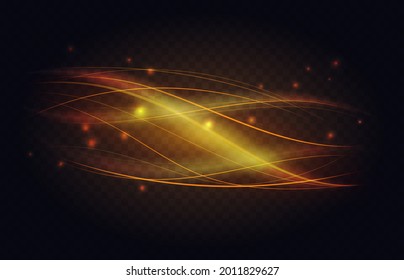 Abstract luminous line waves of golden light effect vector illustration. Wavy shiny curve stream shapes flow, luxury gold magic glitter sparkle shine with soft bright glowing in dark background