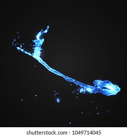 Abstract luminous neon splash consist of glowing partikles . Shot of liquid object isolated on transparent . 3d blue liquid pouring, Vector illustration .