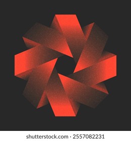 Abstract luminous orange geometric impossible object 3d design with noise textured, overlapping folded blocks shapes on a dark background for futuristic digital art.