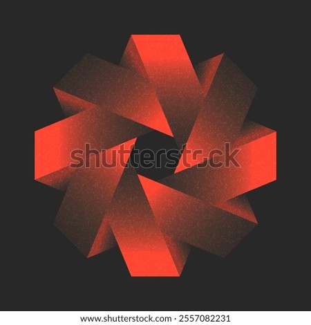 Abstract luminous orange geometric impossible object 3d design with noise textured, overlapping folded blocks shapes on a dark background for futuristic digital art.