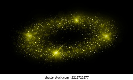 Abstrakter Leuchtring. Flare Spur mit glänzendem Staub, Farbmärchenstaub. Goldener Funkelkreis Magischer Wirbelkreis mit glänzenden Partikeln.