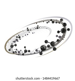 Abstract luminous rings with black molecules isolated on white background. Blurry circles when moving molecules. Swirl effect. Abstract vector background. Technology and science.