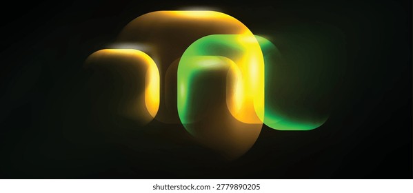 Abstract luminous shapes overlap, creating flowing letterform. Bright gradients transition from gold to vibrant green. Dark background emphasizes luminosity.