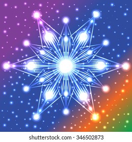 Abstract luminous snowflake with lights on its rays on multicolored background with plenty of sparkles
