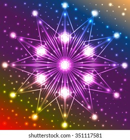 Abstract luminous snowflake with lights on its rays on spectrum background with plenty of sparkles