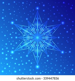 Abstract luminous snowflake on blue background with sparkles