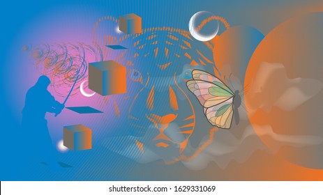 Abstract luminous spheres, butterfly, head of tiger, silhouette of human and three 3d cubes on a guilloche grid background EPS 10