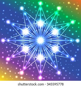Abstract luminous star with lights on its rays on multicolored background with plenty of sparkles