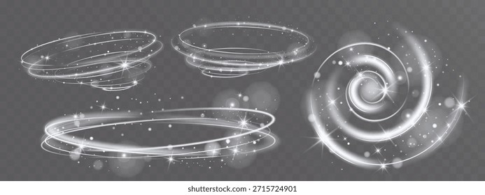 Abstractas conjunto de vórtice luminoso con arremolinadas estelas de luz circulares, partículas brillantes y suave brillo, formando anillos en espiral dinámicos y ondas de energía aisladas sobre fondo transparente.