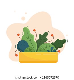 Abstract lush plants in long low yellow flowerpot. Leaves, flowers and berries. Domestic gardening illustration in modern simple flat art style. Vector illustration isolated on white