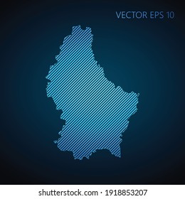Resumen de la plantilla de mapa luxemburgués hecha de líneas diagonales azules sobre fondo oscuro. Ilustración del vector EPS10.