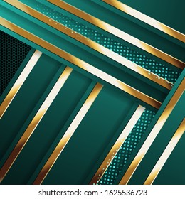 Abstract luxurious dark green background. Modern combination of gold stripes with glitter. Geometric shapes design