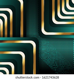 Abstract luxurious green background with a combination of golden stripes forming a beautiful angle. Futuristic vector shapes design