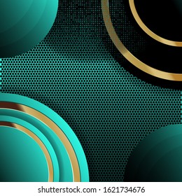 Abstract luxurious green background. Elegant combination of large and small circle patterns with gold lines. Creative vector shapes design